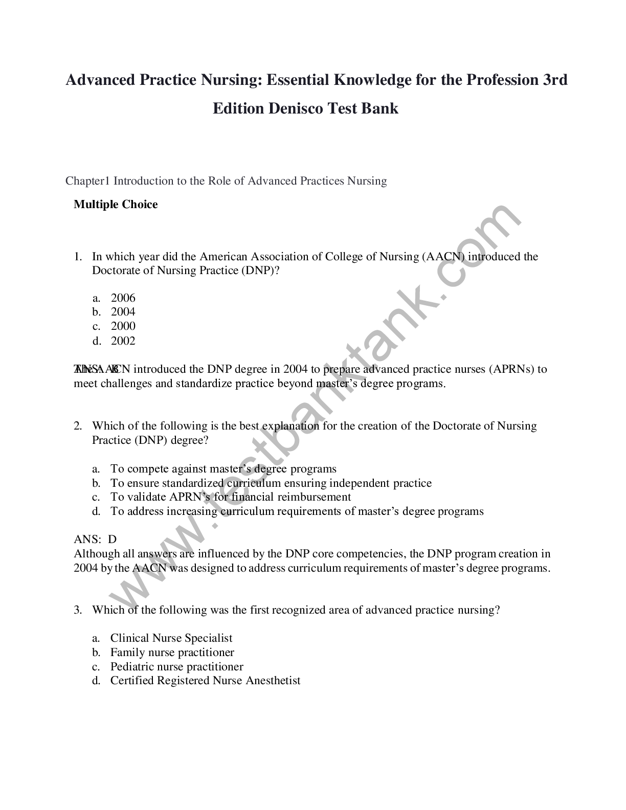 Preview image of Advanced Practice Nursing: Essential Knowledge for the Profession 3rdEdition Denisco Test Bank document